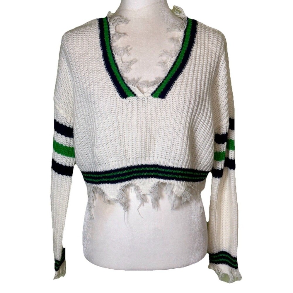 Women Cropped Preppy Collegiate V Neck Knit Sweater Distressed Preppy Sporty Sm